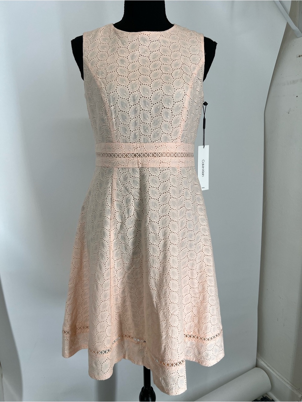 Calvin Klein Sleeveless Eyelet Fit-and-Flare Dress in Pale Peach